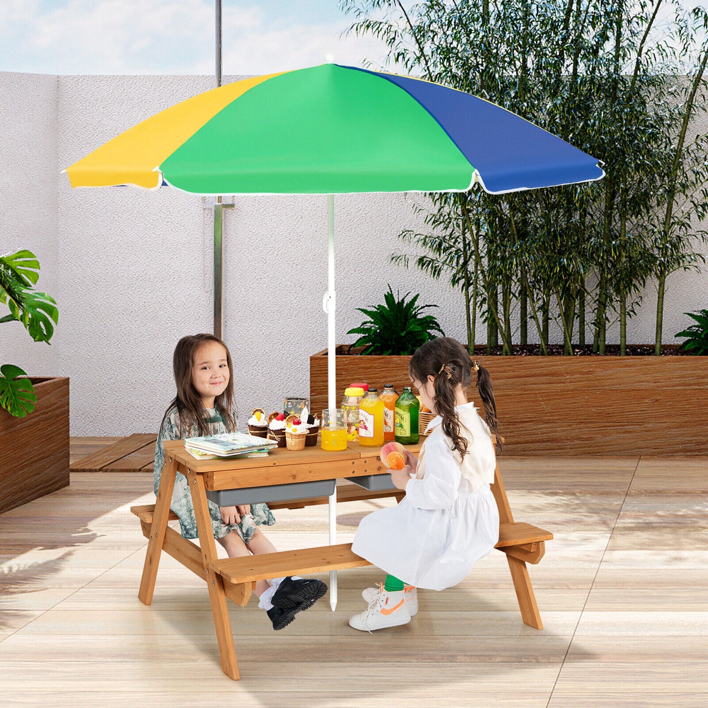 3-in-1 Kids Outdoor Picnic Water Sand Table with Umbrella Play Boxes-Yellow Kids Crystal