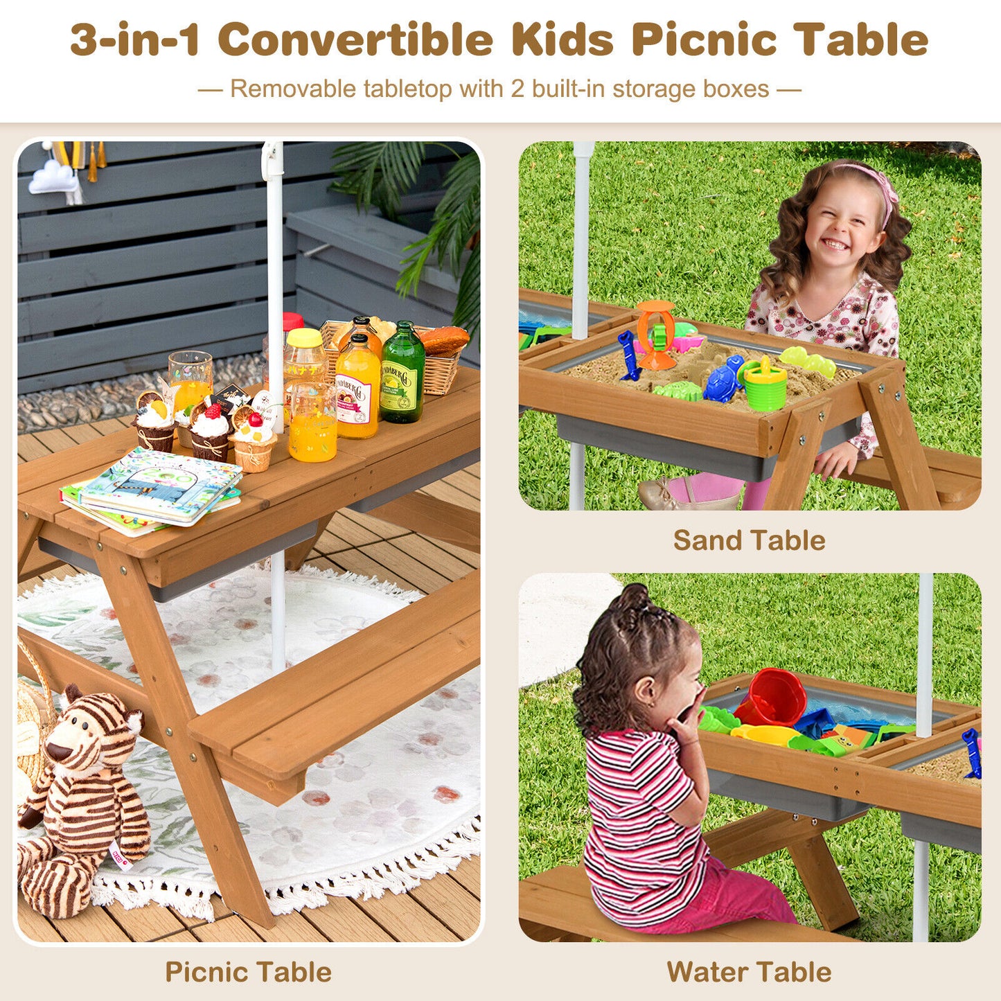 3-in-1 Kids Outdoor Picnic Water Sand Table with Umbrella Play Boxes-Yellow Kids Crystal