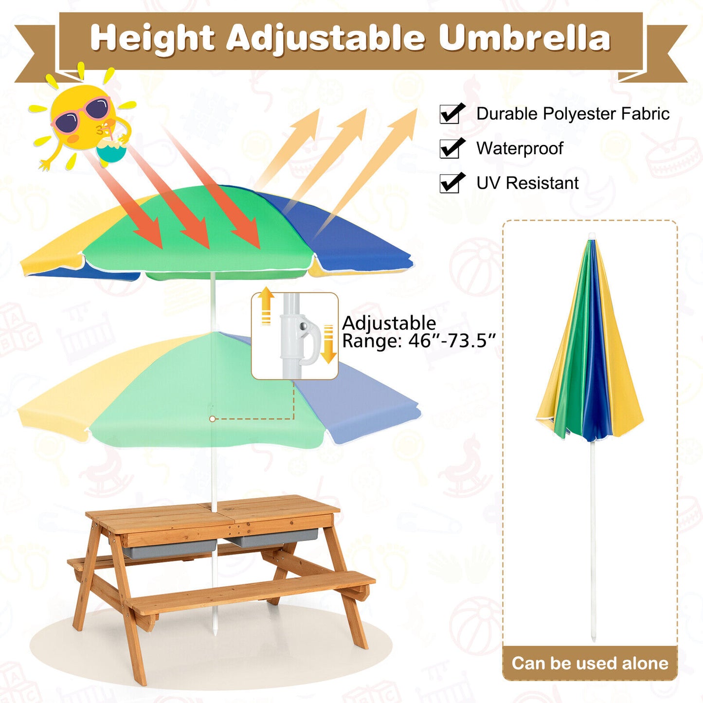 3-in-1 Kids Outdoor Picnic Water Sand Table with Umbrella Play Boxes-Yellow Kids Crystal