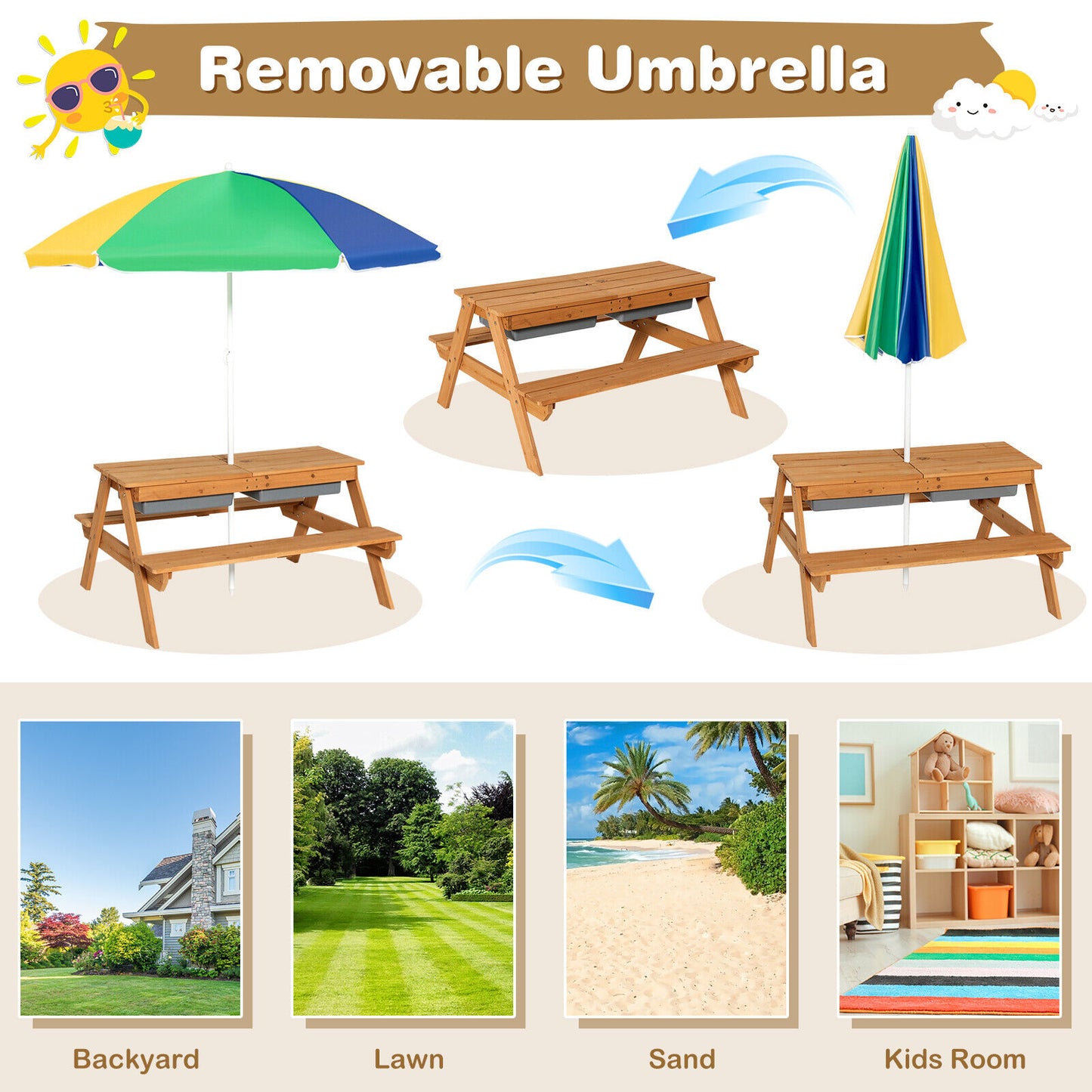 3-in-1 Kids Outdoor Picnic Water Sand Table with Umbrella Play Boxes-Yellow Kids Crystal