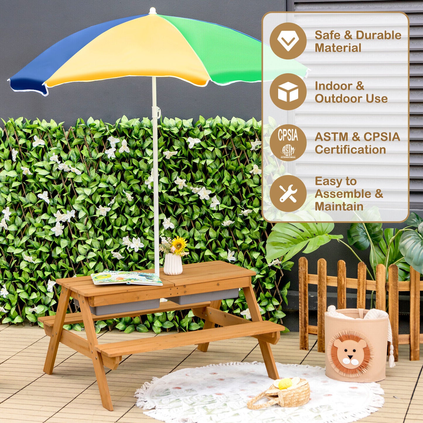3-in-1 Kids Outdoor Picnic Water Sand Table with Umbrella Play Boxes-Yellow Kids Crystal