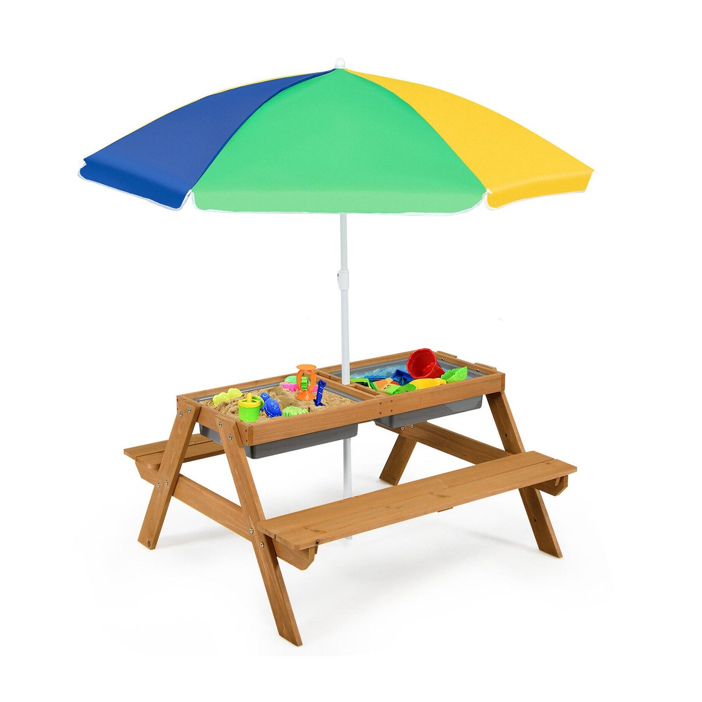 3-in-1 Kids Outdoor Picnic Water Sand Table with Umbrella Play Boxes-Yellow Kids Crystal