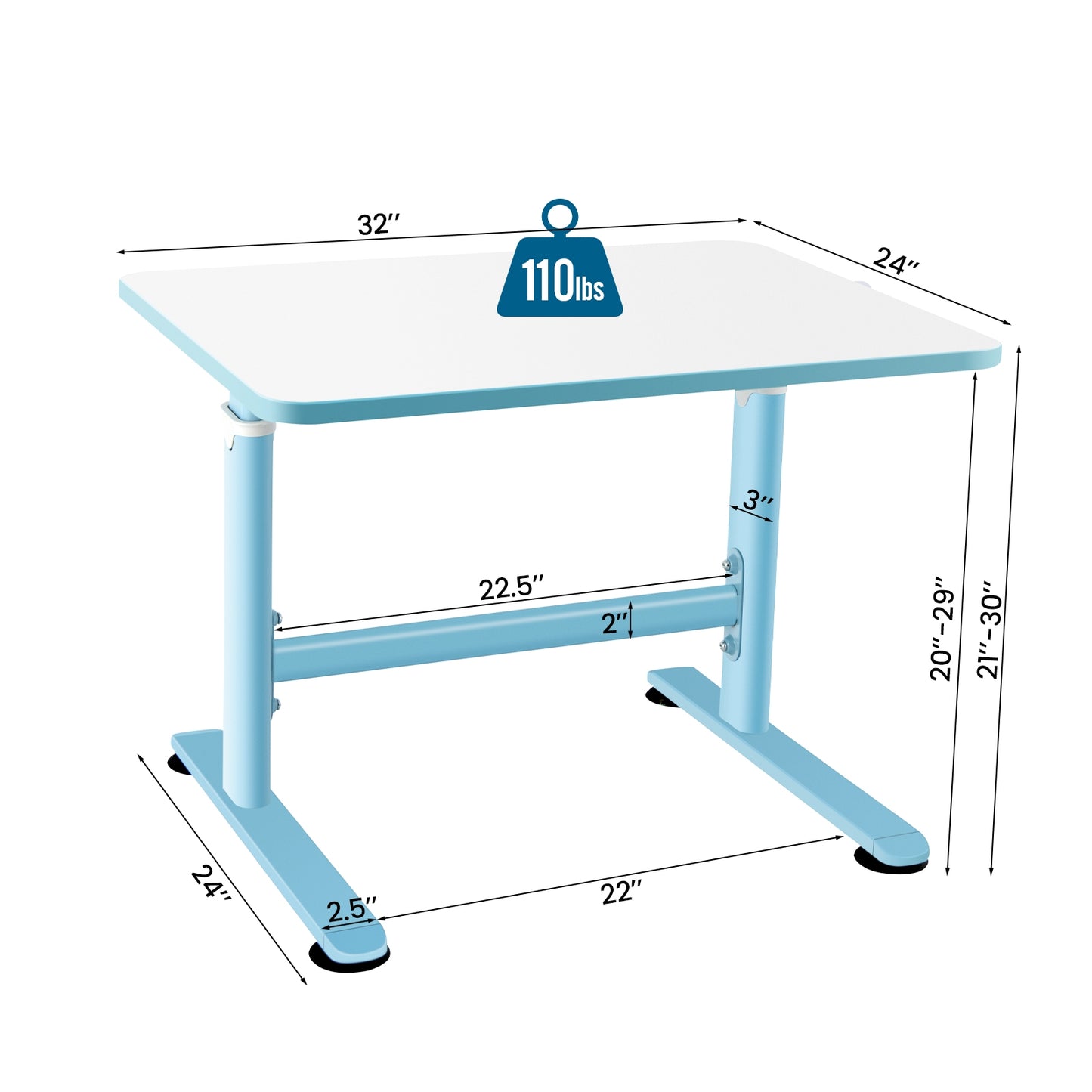 32 x 24 Inch Height Adjustable Desk with Hand Crank Adjusting for Kids-Blue Kids Crystal