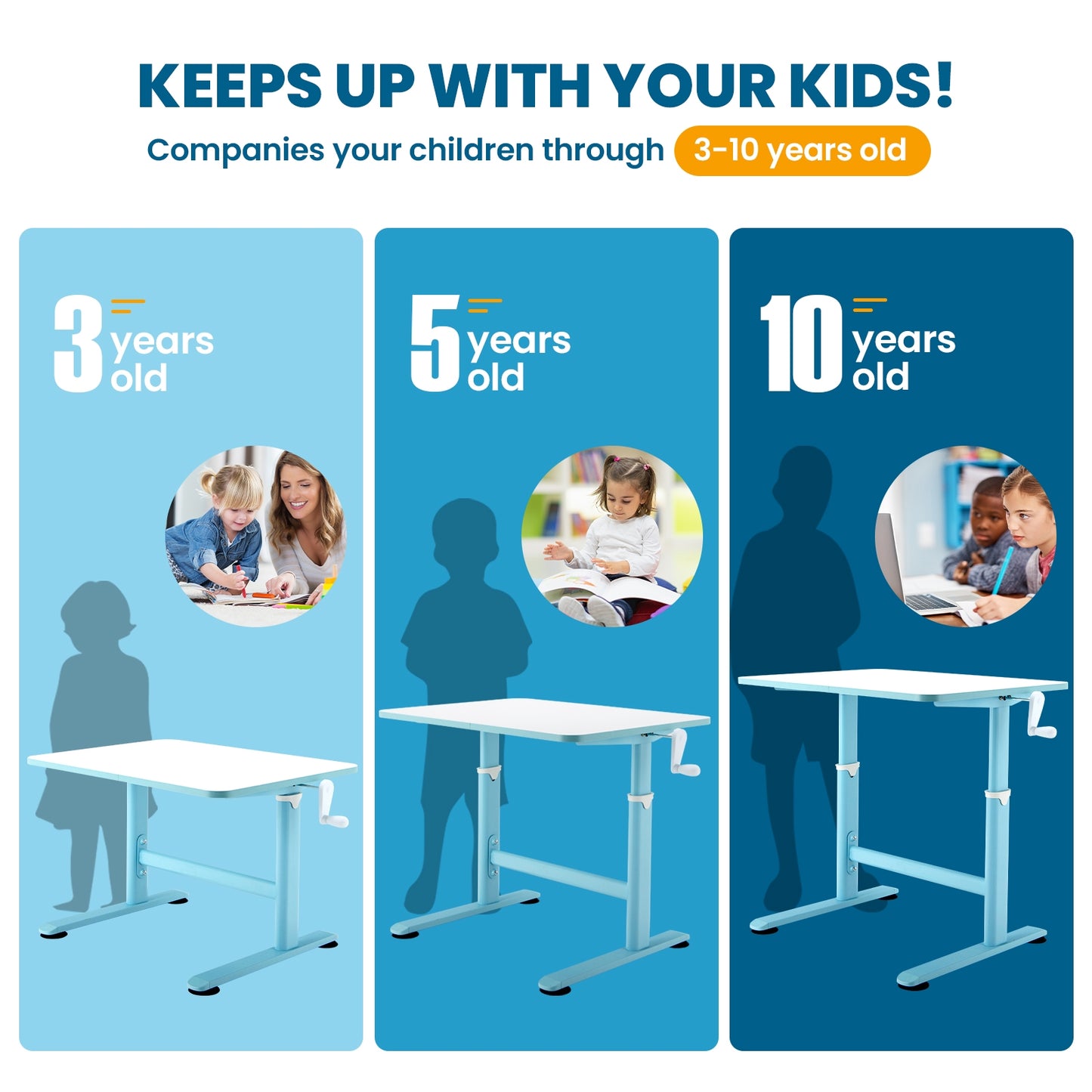 32 x 24 Inch Height Adjustable Desk with Hand Crank Adjusting for Kids-Blue Kids Crystal