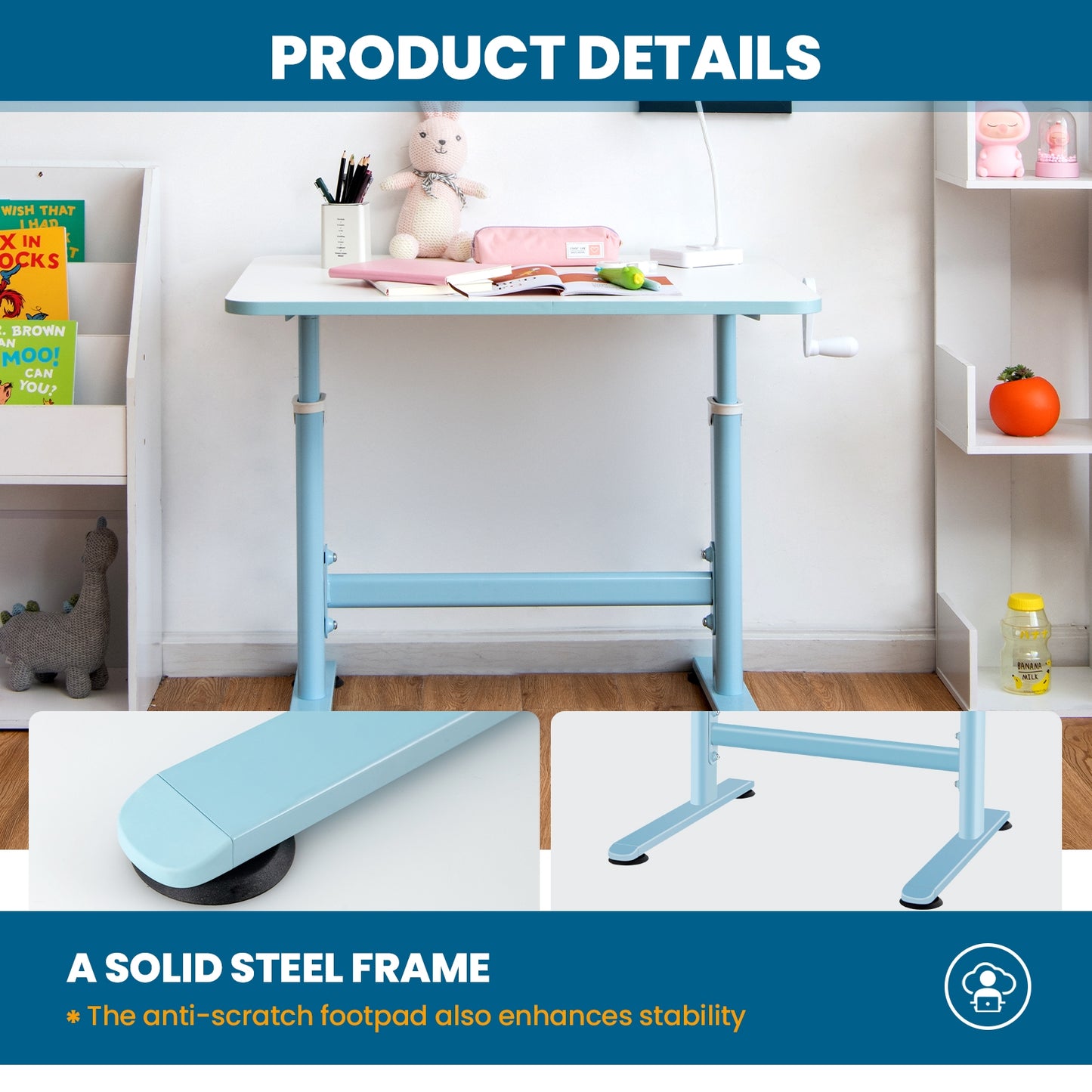 32 x 24 Inch Height Adjustable Desk with Hand Crank Adjusting for Kids-Blue Kids Crystal