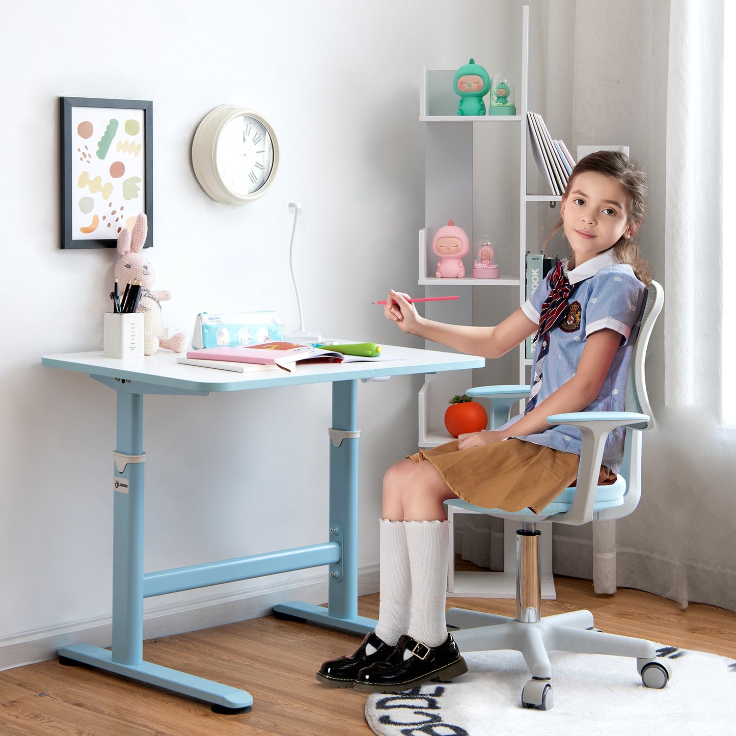 32 x 24 Inch Height Adjustable Desk with Hand Crank Adjusting for Kids-Blue Kids Crystal