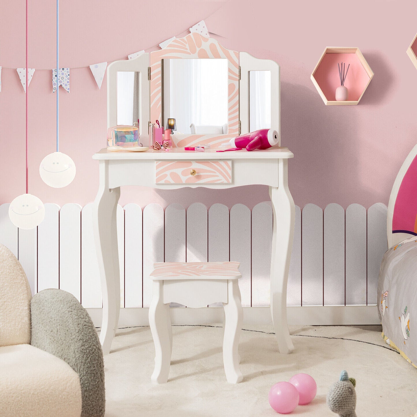 2-in-1 Kids Vanity Table Set with Tri-Folding Mirror-Pink Kids Crystal