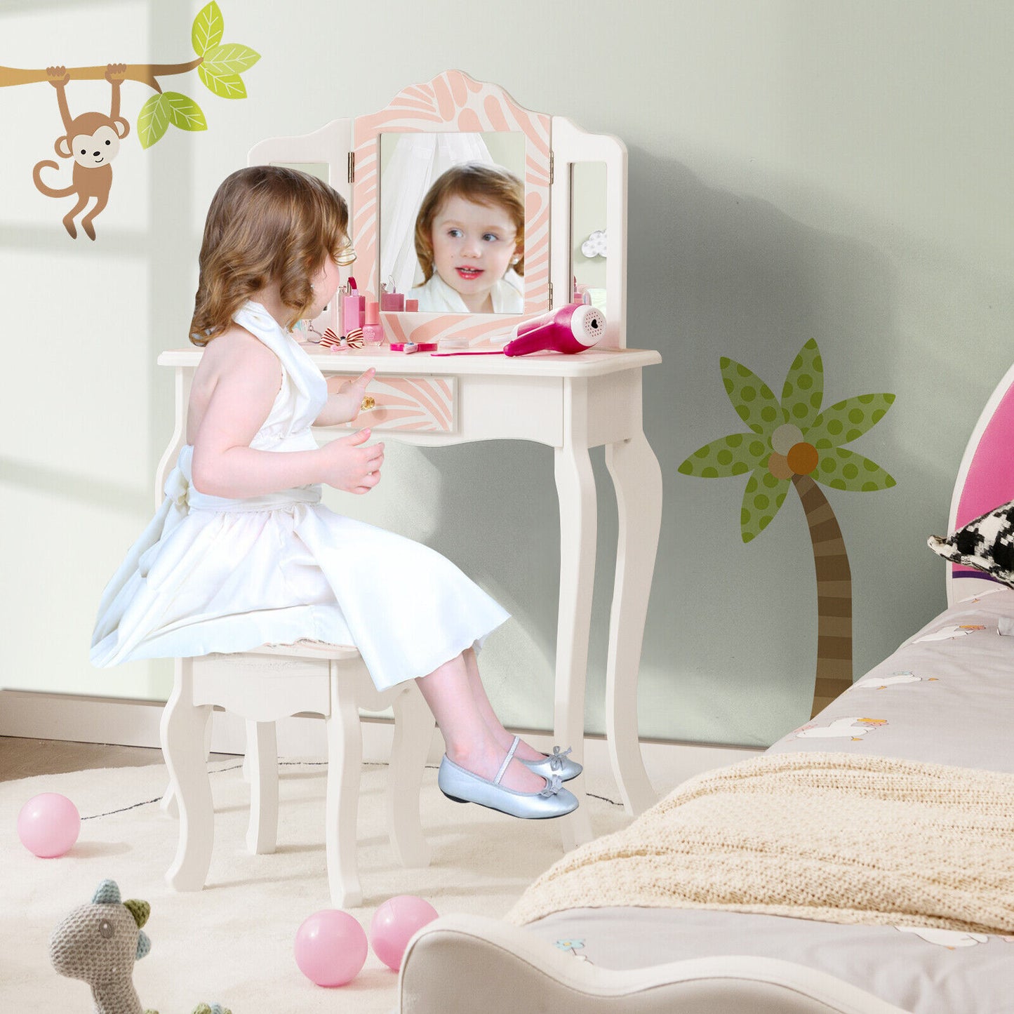 2-in-1 Kids Vanity Table Set with Tri-Folding Mirror-Pink Kids Crystal