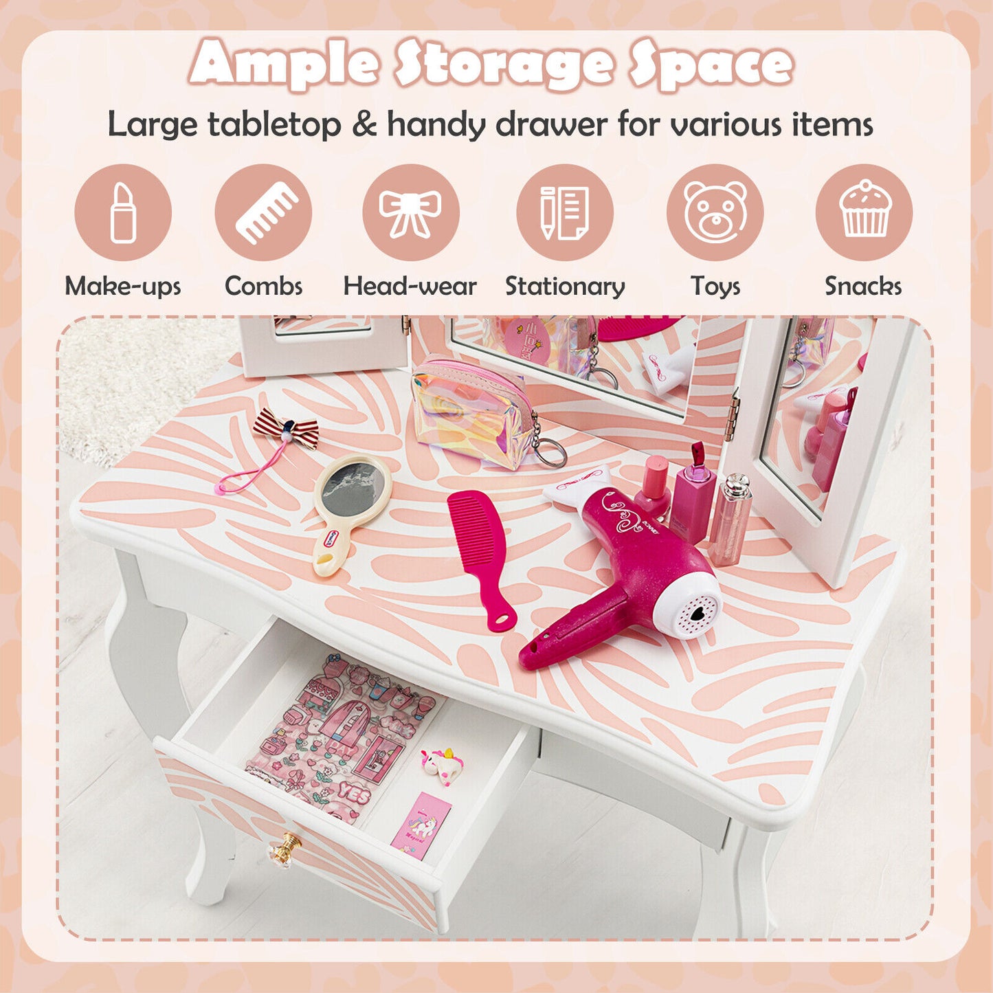 2-in-1 Kids Vanity Table Set with Tri-Folding Mirror-Pink Kids Crystal