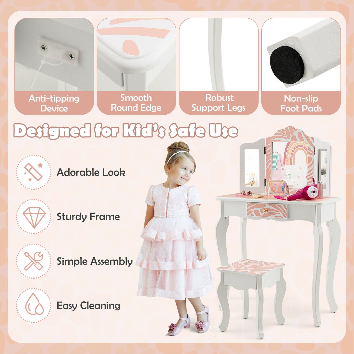 2-in-1 Kids Vanity Table Set with Tri-Folding Mirror-Pink Kids Crystal