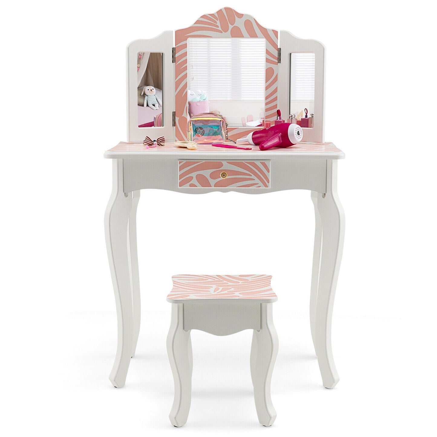 2-in-1 Kids Vanity Table Set with Tri-Folding Mirror-Pink Kids Crystal