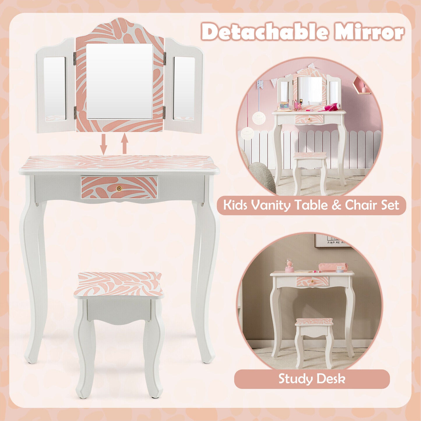 2-in-1 Kids Vanity Table Set with Tri-Folding Mirror-Pink Kids Crystal