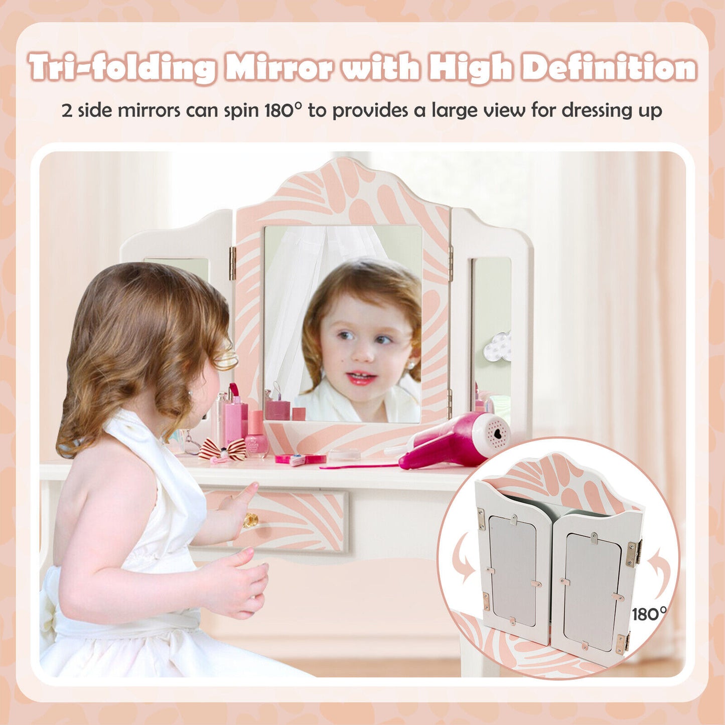 2-in-1 Kids Vanity Table Set with Tri-Folding Mirror-Pink Kids Crystal