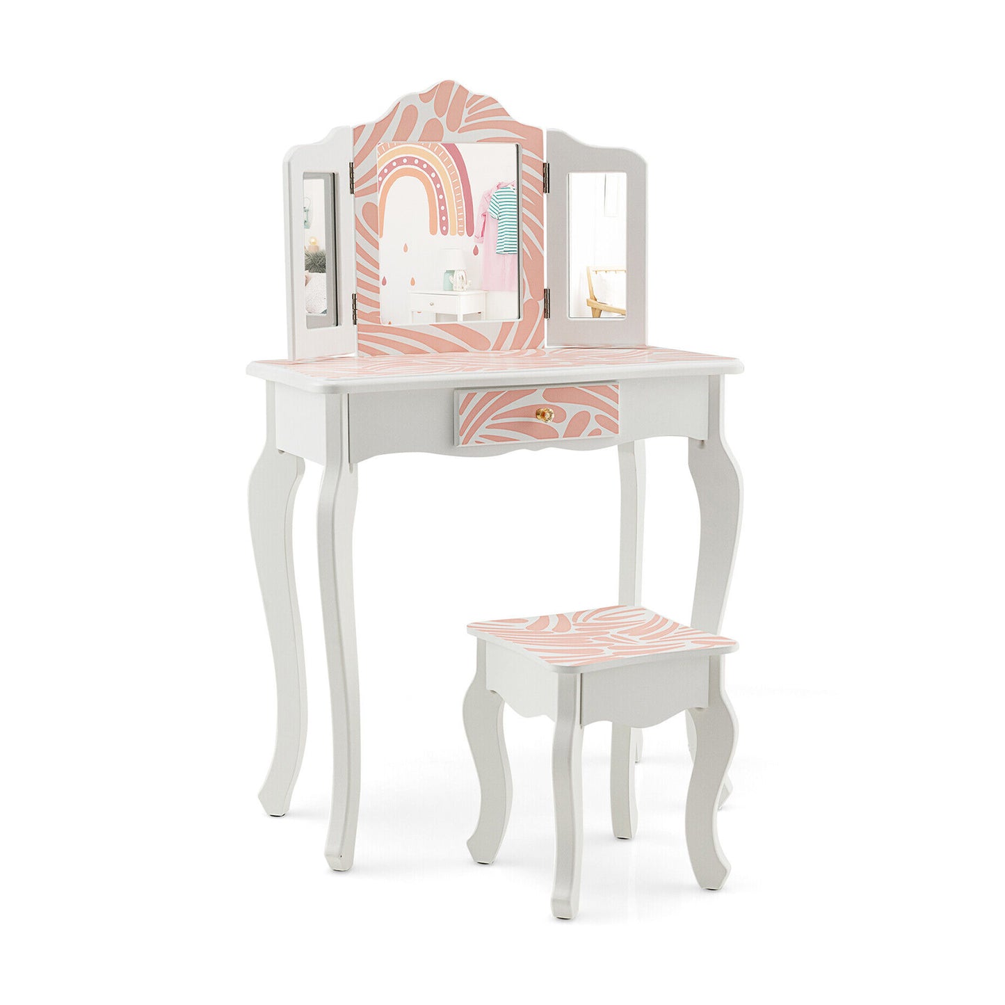2-in-1 Kids Vanity Table Set with Tri-Folding Mirror-Pink Kids Crystal