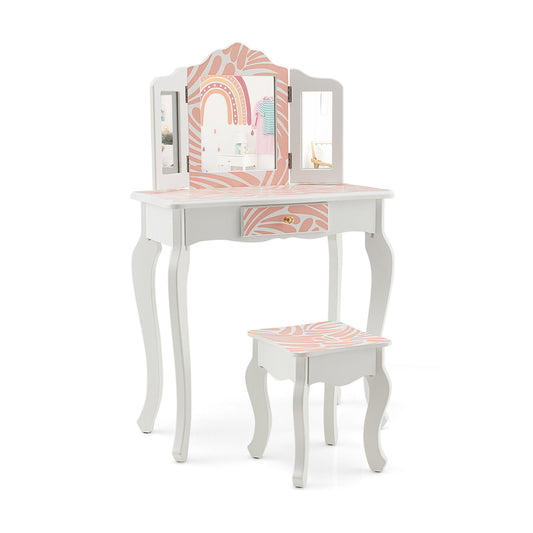 2-in-1 Kids Vanity Table Set with Tri-Folding Mirror-Pink Kids Crystal