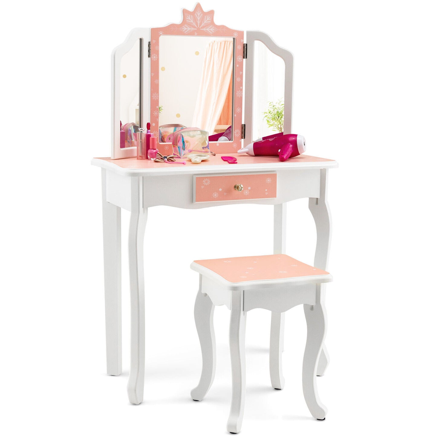 Princess Vanity Table and Chair Set with Tri-Folding Mirror and Snowflake Print-Pink Kids Crystal
