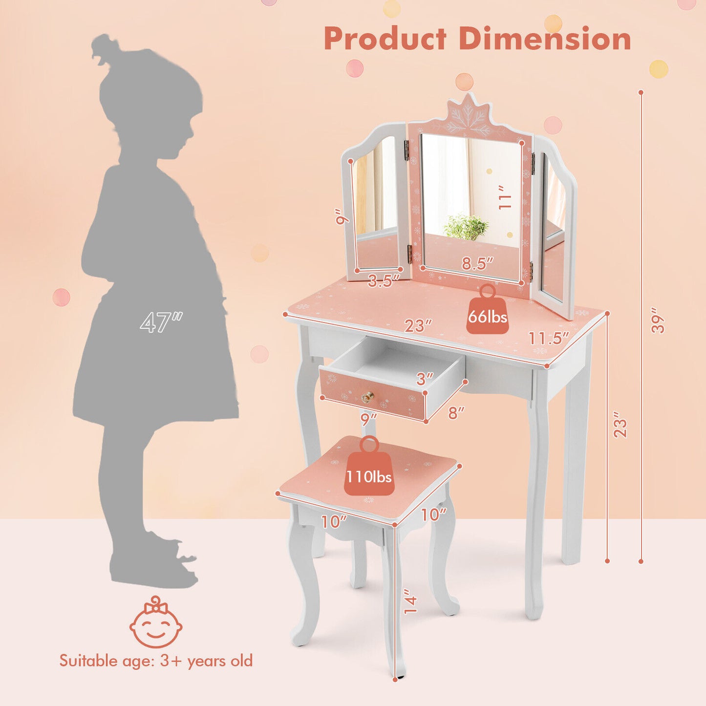 Princess Vanity Table and Chair Set with Tri-Folding Mirror and Snowflake Print-Pink Kids Crystal