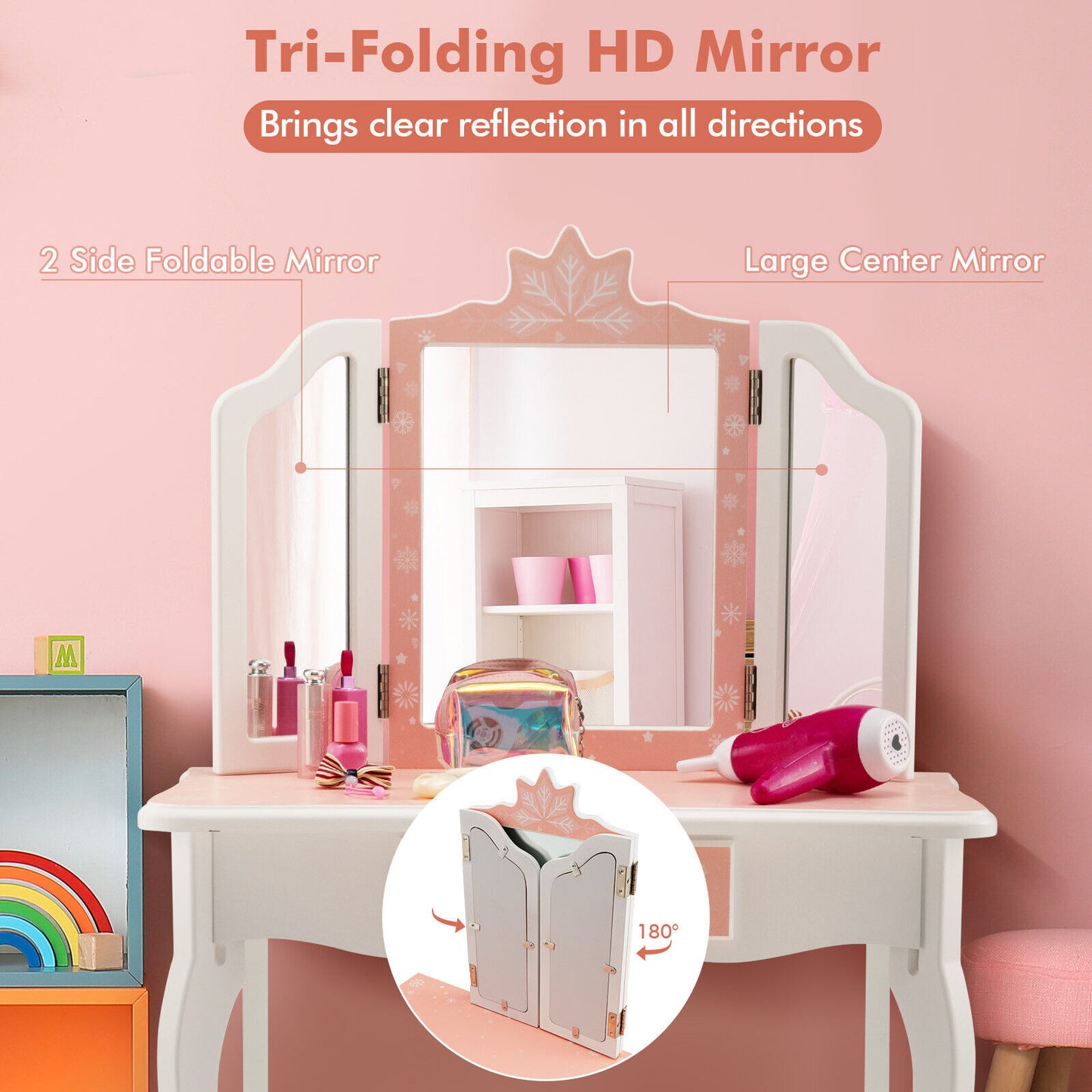 Princess Vanity Table and Chair Set with Tri-Folding Mirror and Snowflake Print-Pink Kids Crystal