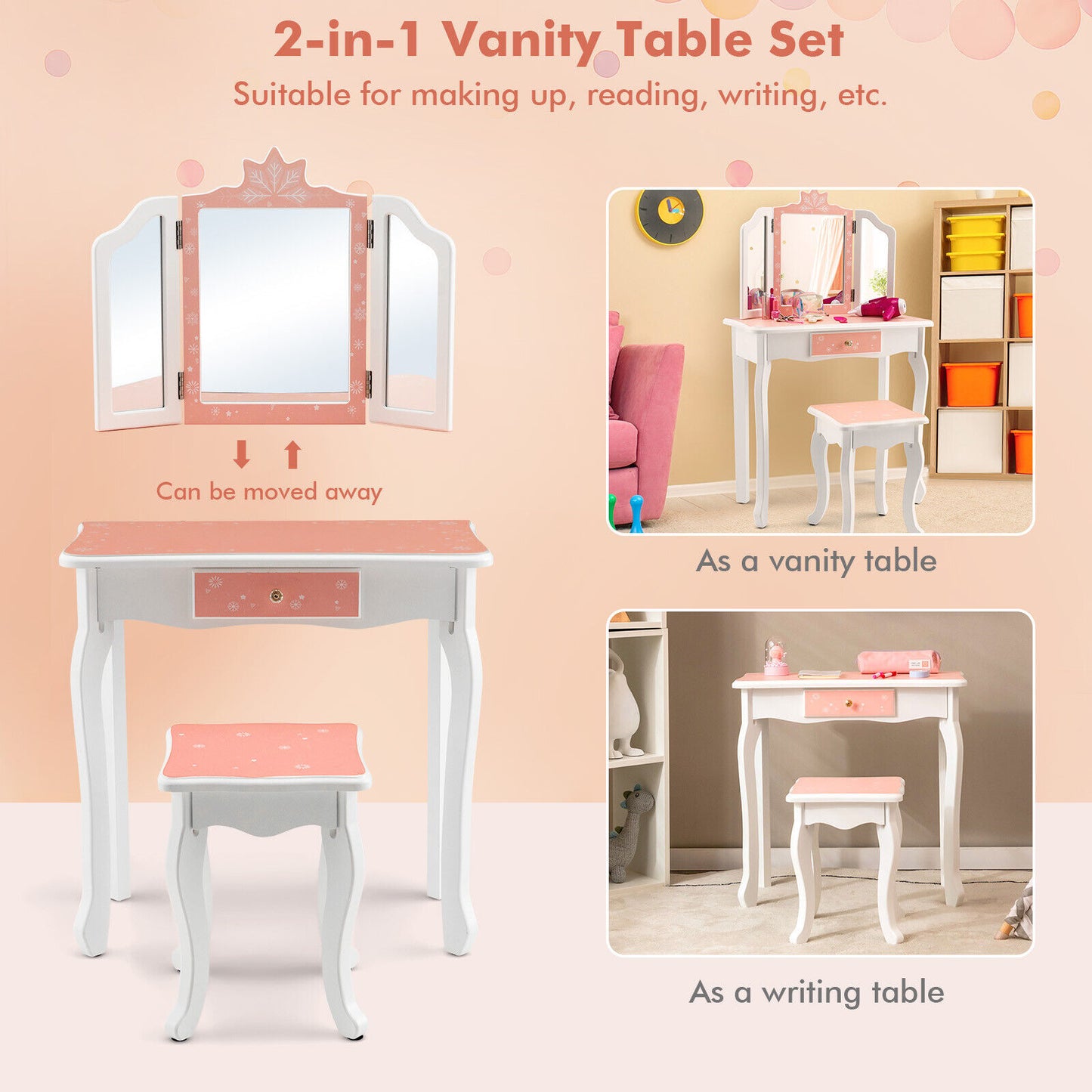 Princess Vanity Table and Chair Set with Tri-Folding Mirror and Snowflake Print-Pink Kids Crystal
