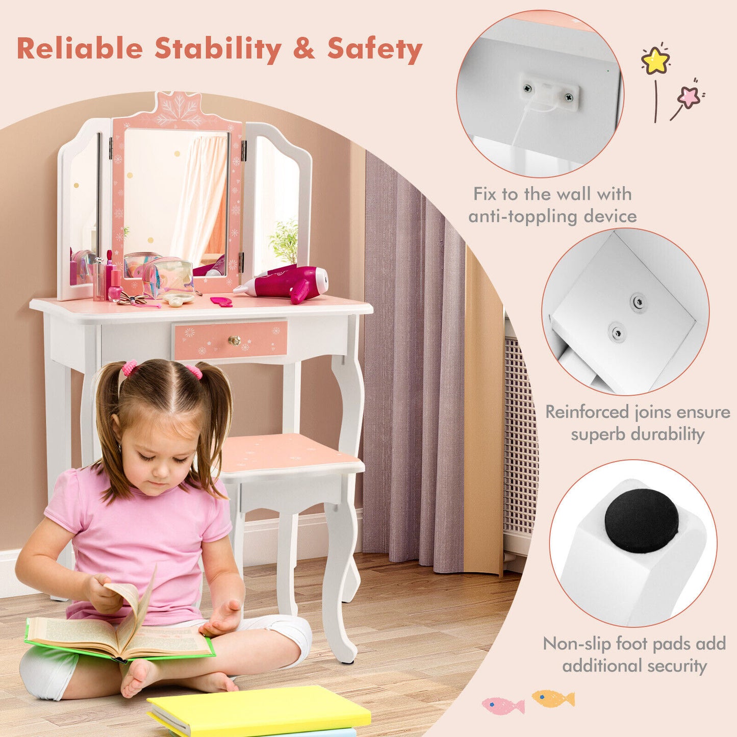 Princess Vanity Table and Chair Set with Tri-Folding Mirror and Snowflake Print-Pink Kids Crystal