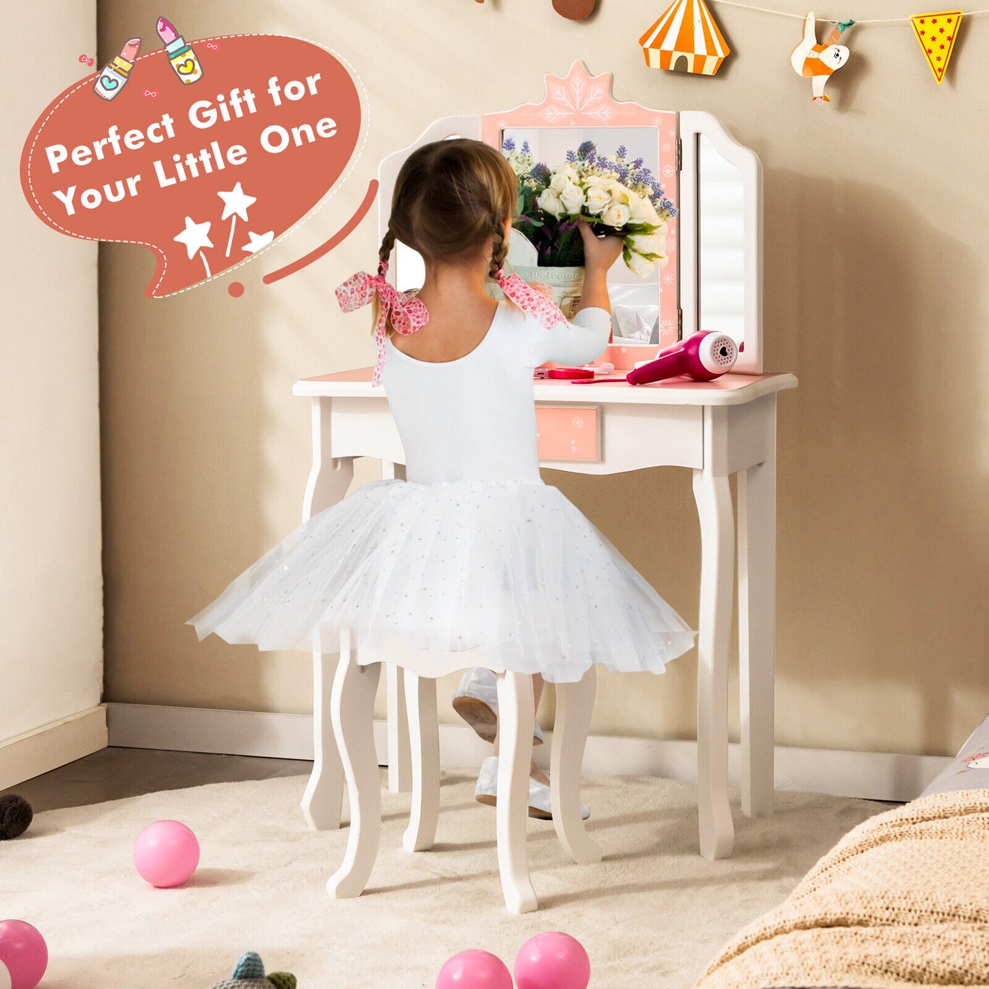 Princess Vanity Table and Chair Set with Tri-Folding Mirror and Snowflake Print-Pink Kids Crystal