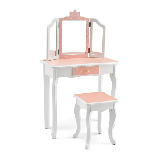 Princess Vanity Table and Chair Set with Tri-Folding Mirror and Snowflake Print-Pink Kids Crystal