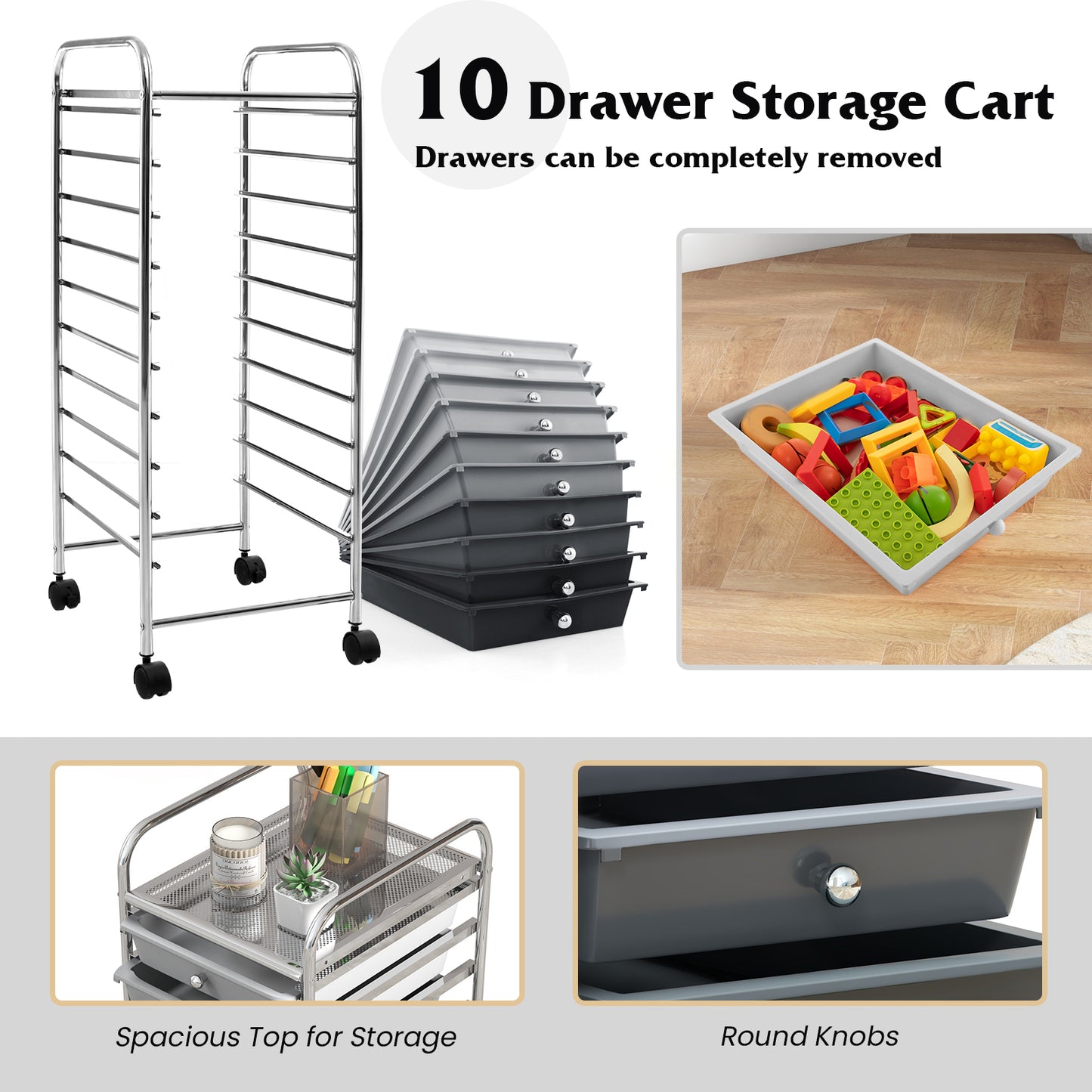 10 Drawer Rolling Storage Cart Organizer with 4 Universal Casters-Gradient Gray Kids Crystal