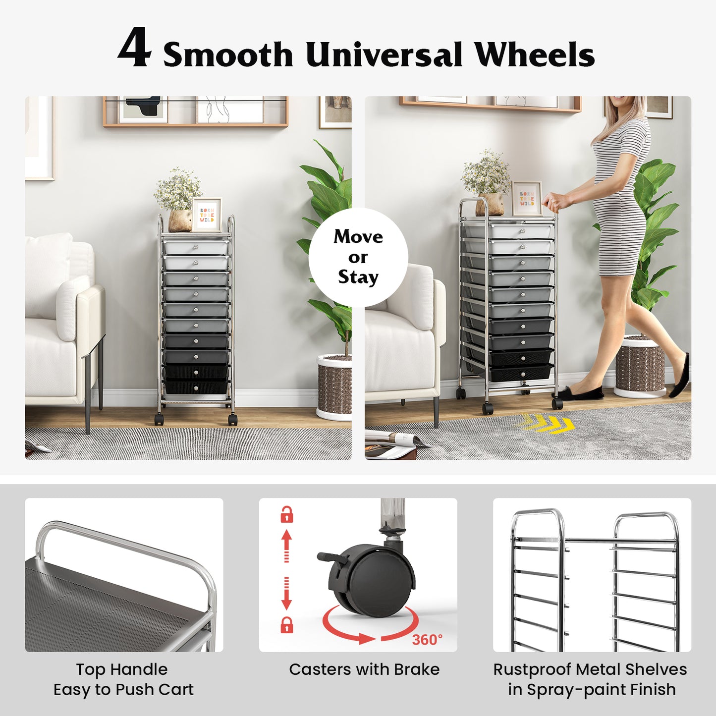 10 Drawer Rolling Storage Cart Organizer with 4 Universal Casters-Gradient Gray Kids Crystal