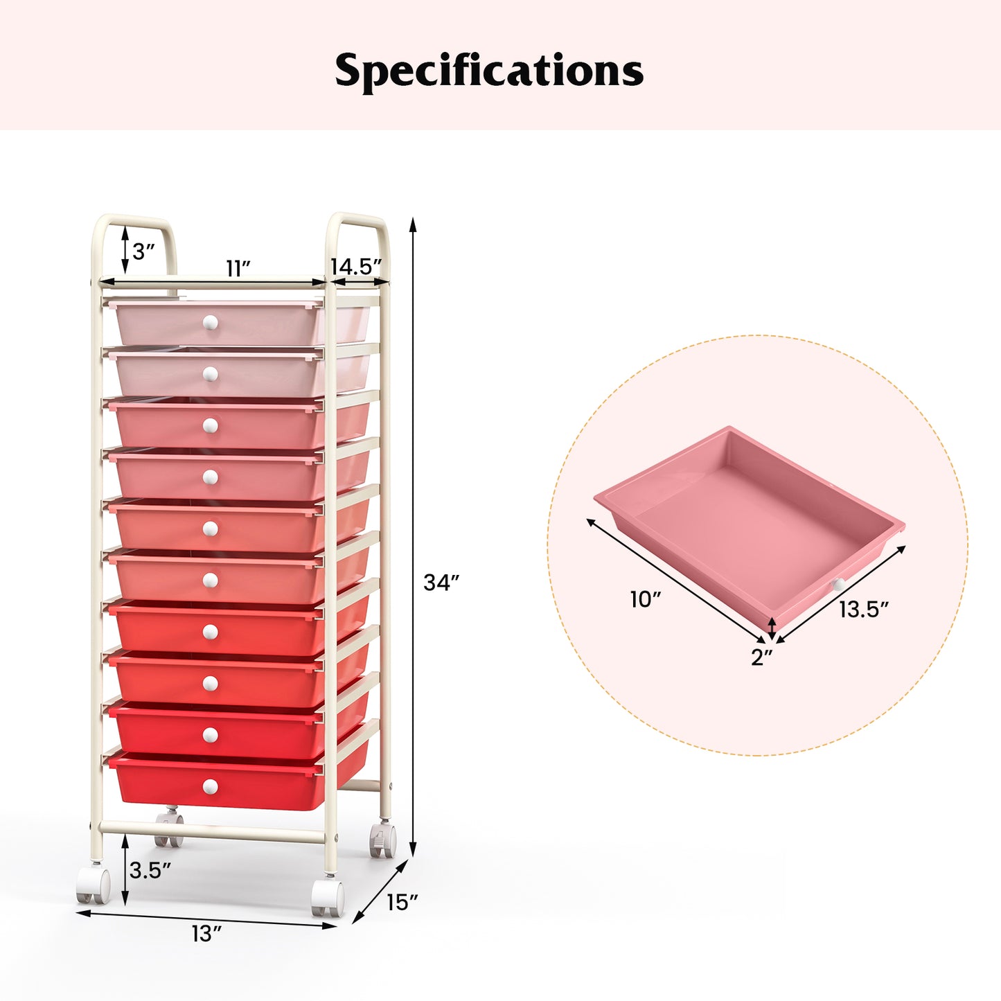 10 Drawer Rolling Storage Cart Organizer with 4 Universal Casters-Gradient Pink Kids Crystal