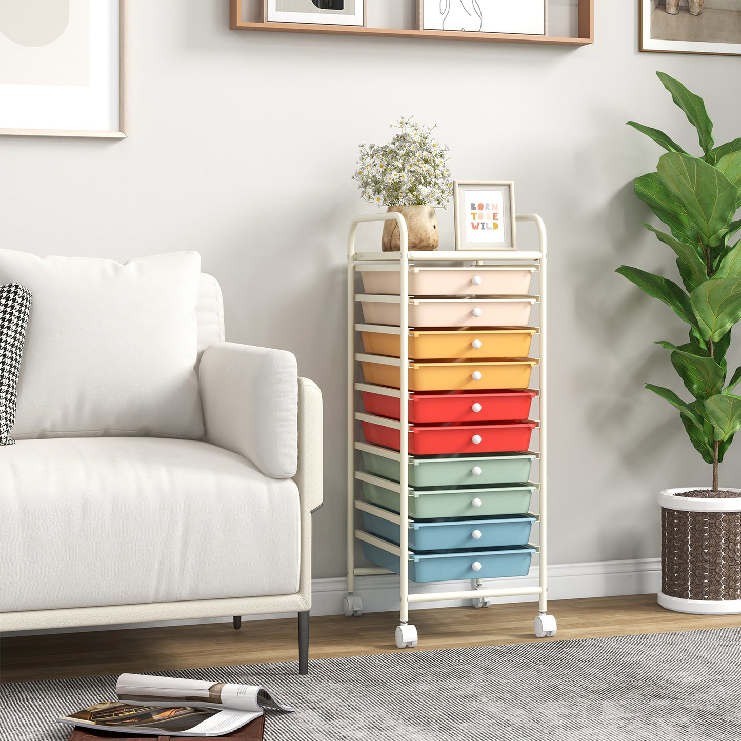 10 Drawer Rolling Storage Cart Organizer with 4 Universal Casters-Macaron Multicolor Kids Crystal