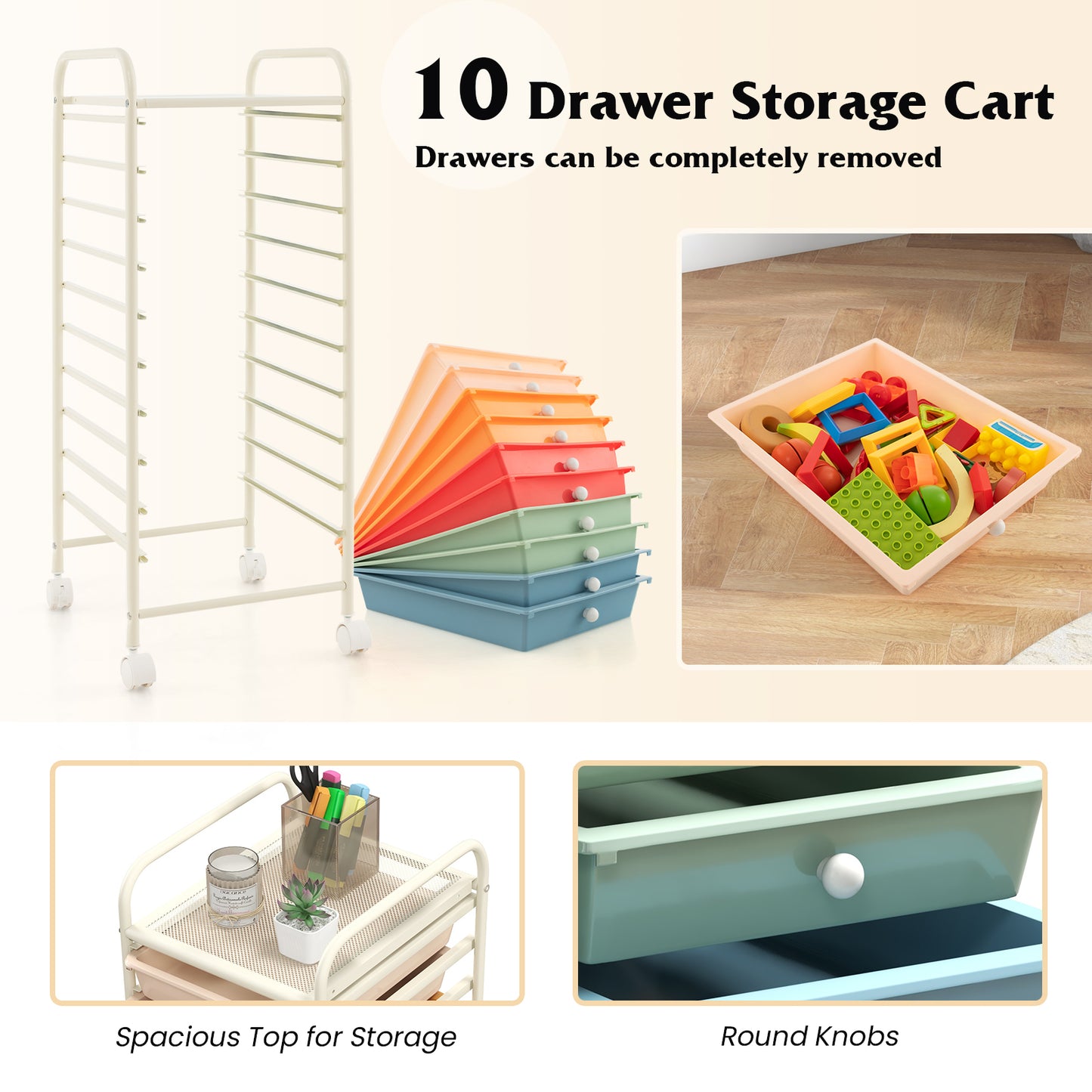 10 Drawer Rolling Storage Cart Organizer with 4 Universal Casters-Macaron Multicolor Kids Crystal