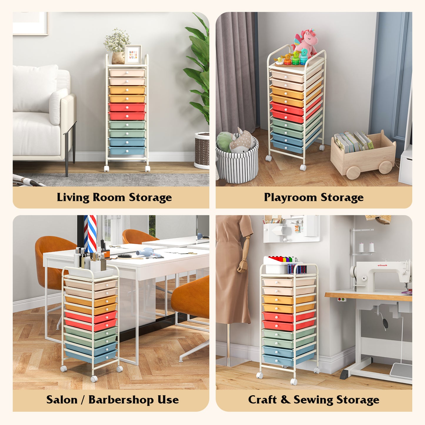 10 Drawer Rolling Storage Cart Organizer with 4 Universal Casters-Macaron Multicolor Kids Crystal