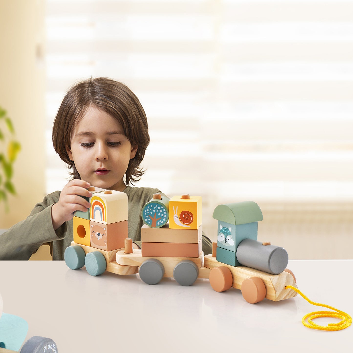 Wooden Toy Train Set with Stacking Wooden Blocks and Cute Animal Patterns Kids Crystal