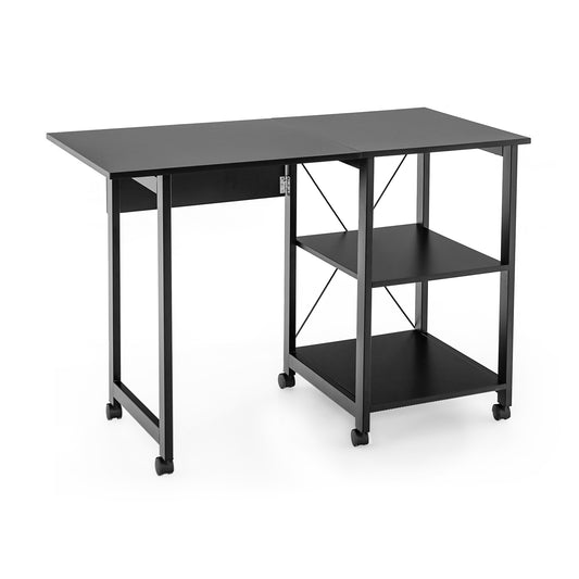 Folding Writing Office Desk with Storage Shelves-Black Kids Crystal