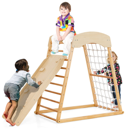 6-in-1 Jungle Gym Wooden Indoor Playground with Double-Sided Ramp and Monkey Bars-Natural Kids Crystal
