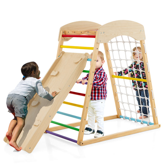 6-in-1 Jungle Gym Wooden Indoor Playground with Double-Sided Ramp and Monkey Bars-Multicolor Kids Crystal