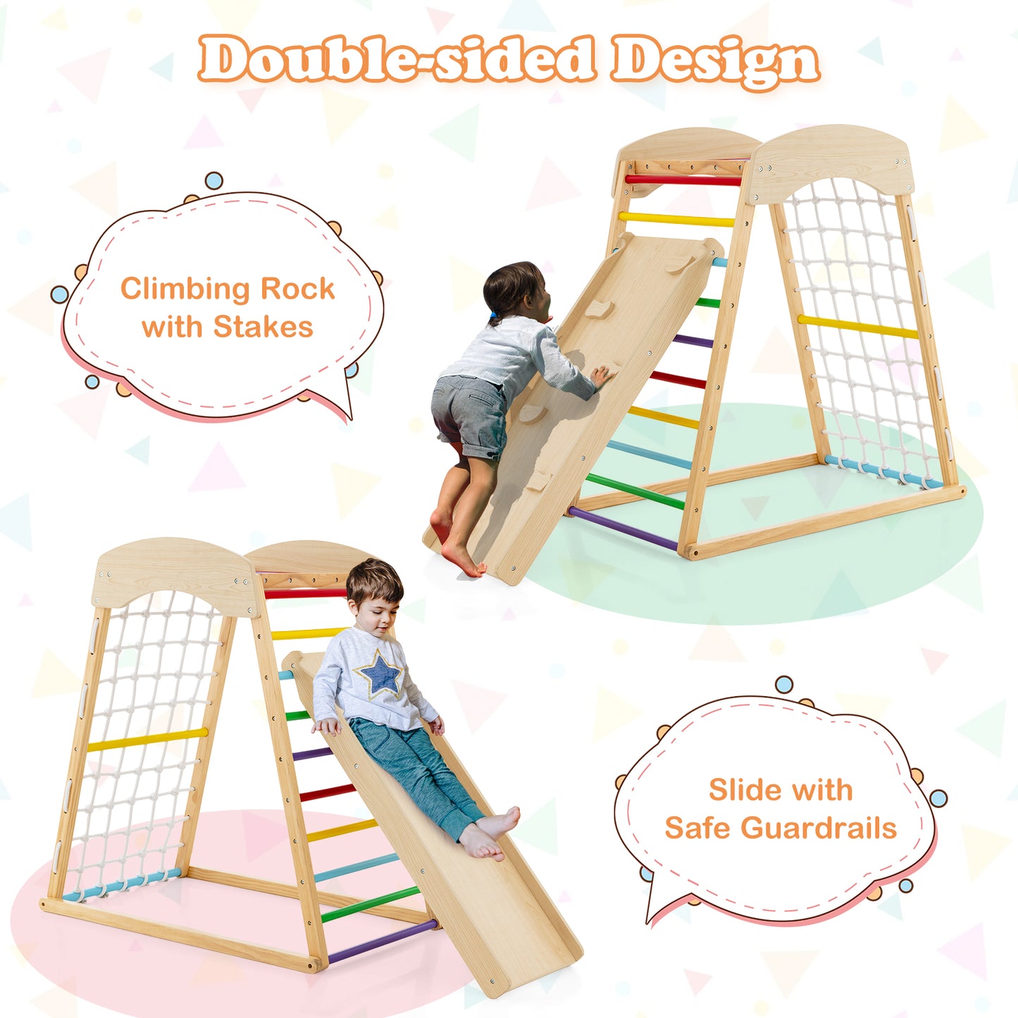 6-in-1 Jungle Gym Wooden Indoor Playground with Double-Sided Ramp and Monkey Bars-Multicolor Kids Crystal