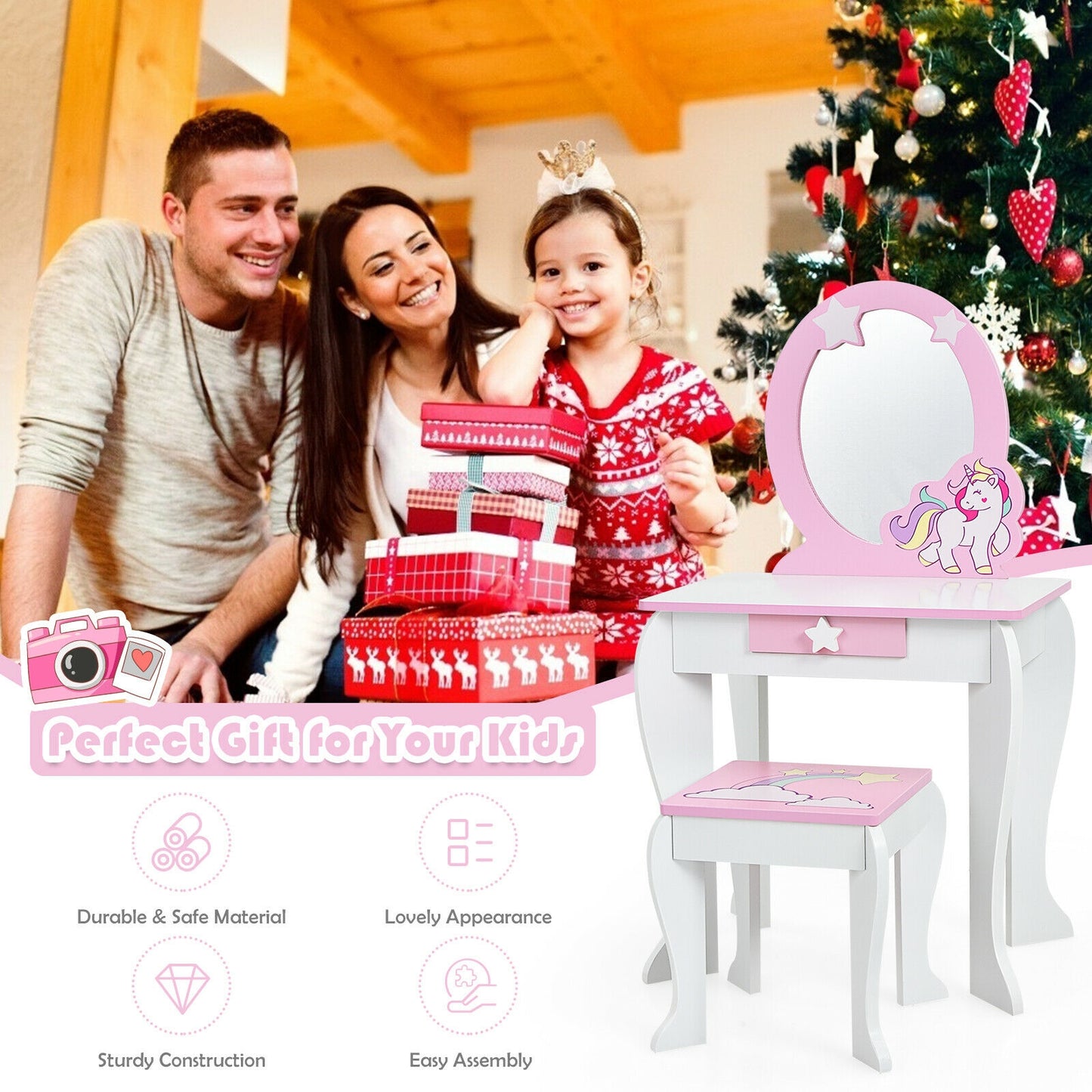 Kids Wooden Makeup Dressing Table and Chair Set with Mirror and Drawer-White Kids Crystal