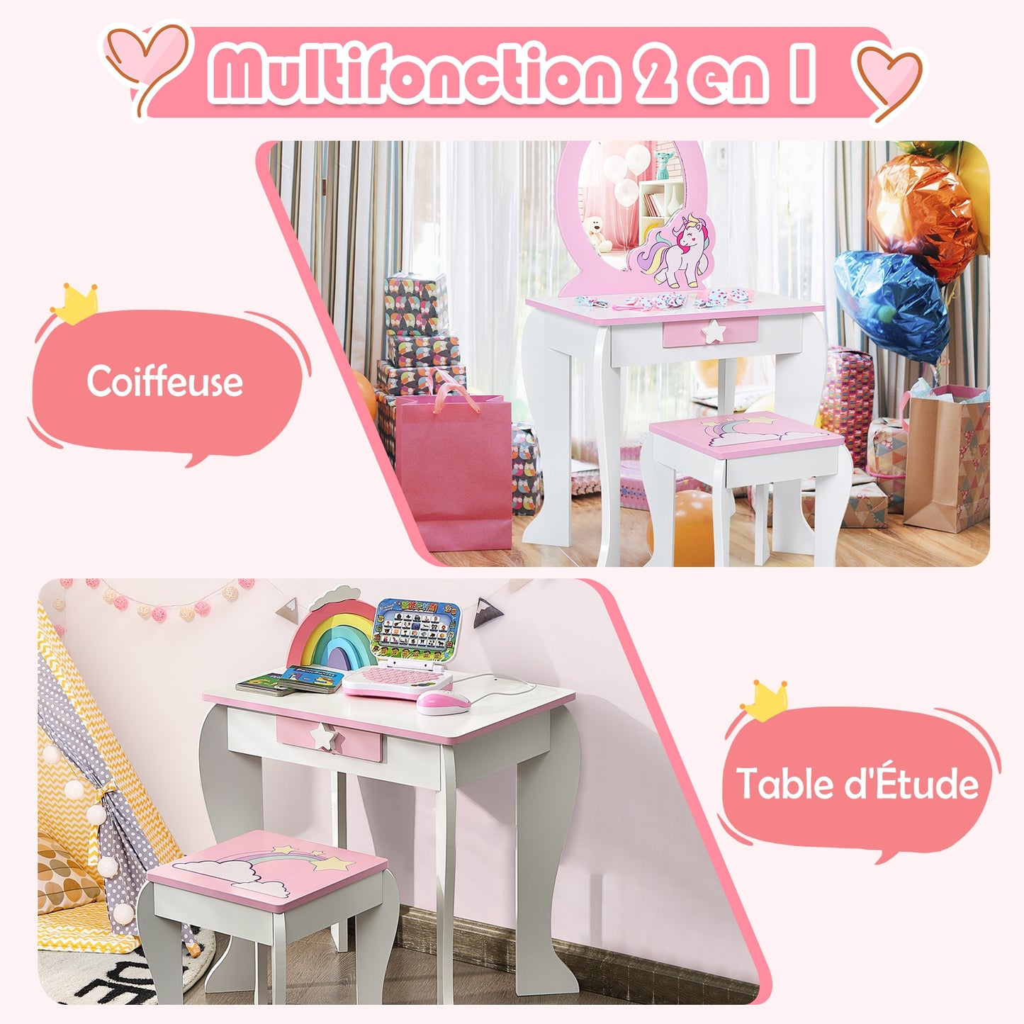 Kids Wooden Makeup Dressing Table and Chair Set with Mirror and Drawer-White Kids Crystal