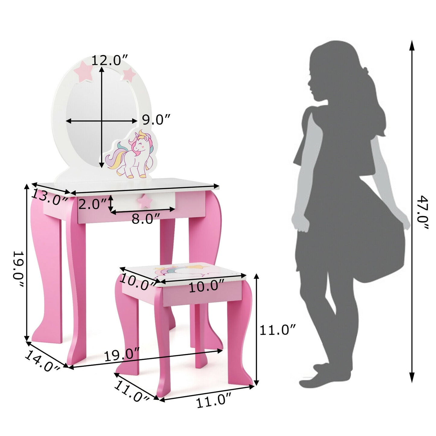 Kids Wooden Makeup Dressing Table and Chair Set with Mirror and Drawer-Pink Kids Crystal