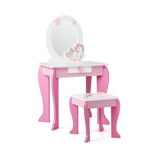 Kids Wooden Makeup Dressing Table and Chair Set with Mirror and Drawer-Pink Kids Crystal
