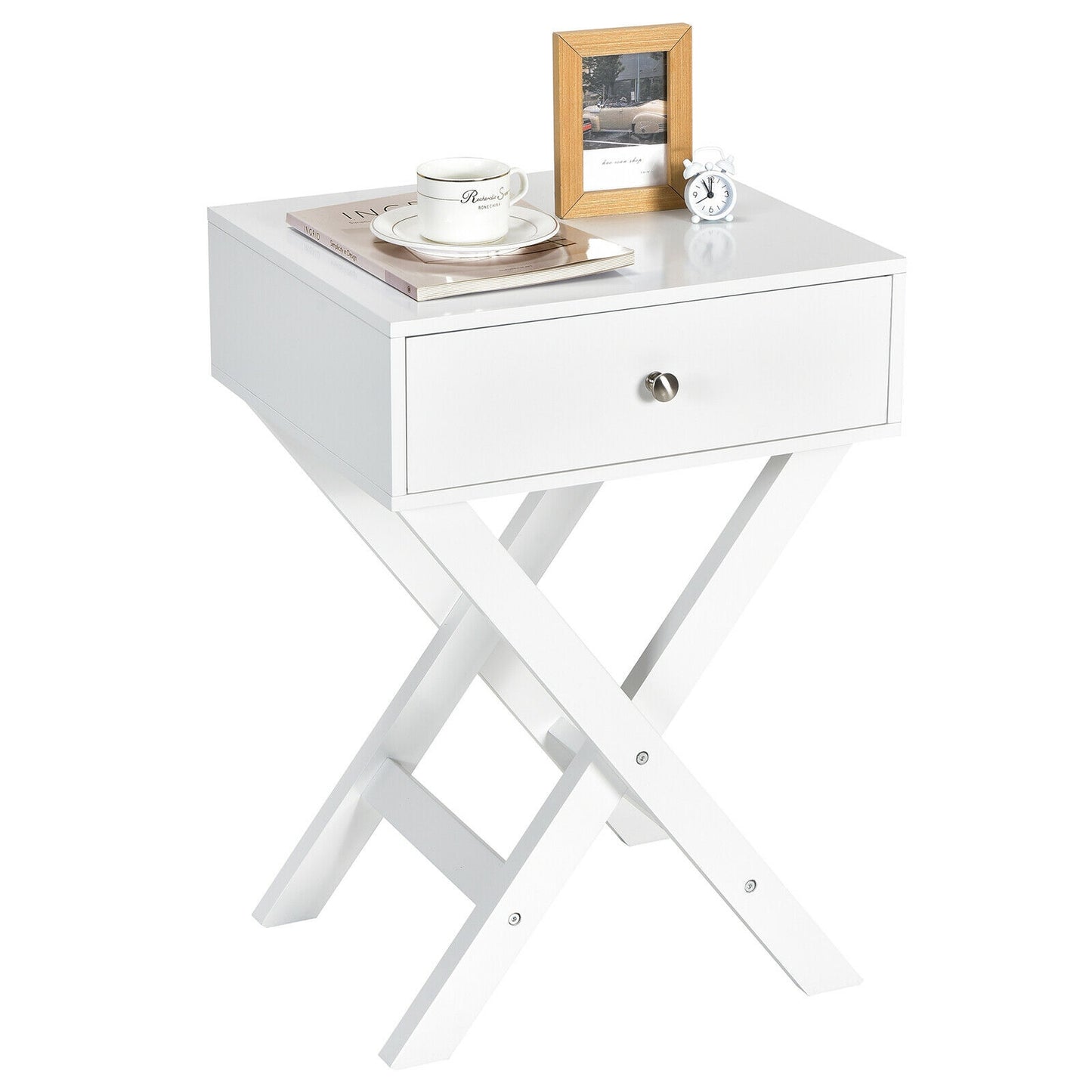 Modern X-Shaped Nightstand with Drawer for Living Room Bedroom-White Kids Crystal