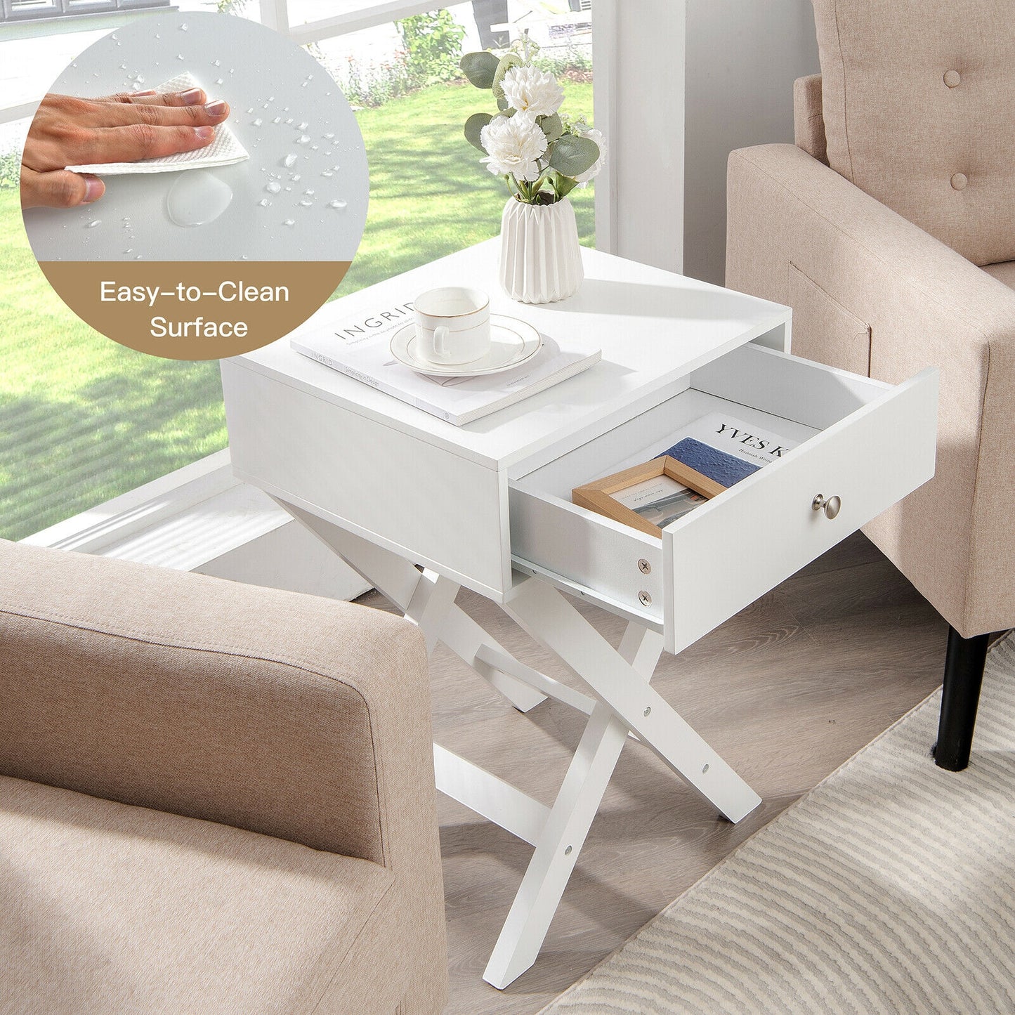 Modern X-Shaped Nightstand with Drawer for Living Room Bedroom-White Kids Crystal