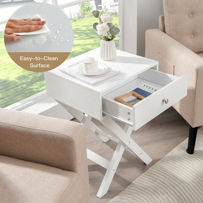 Modern X-Shaped Nightstand with Drawer for Living Room Bedroom-White