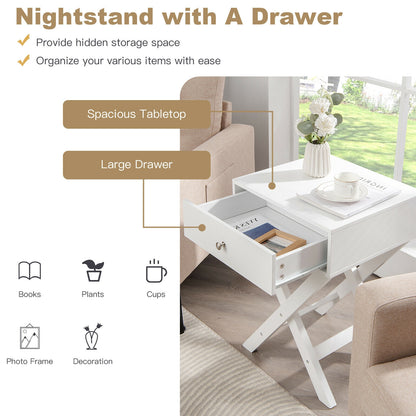 Modern X-Shaped Nightstand with Drawer for Living Room Bedroom-White