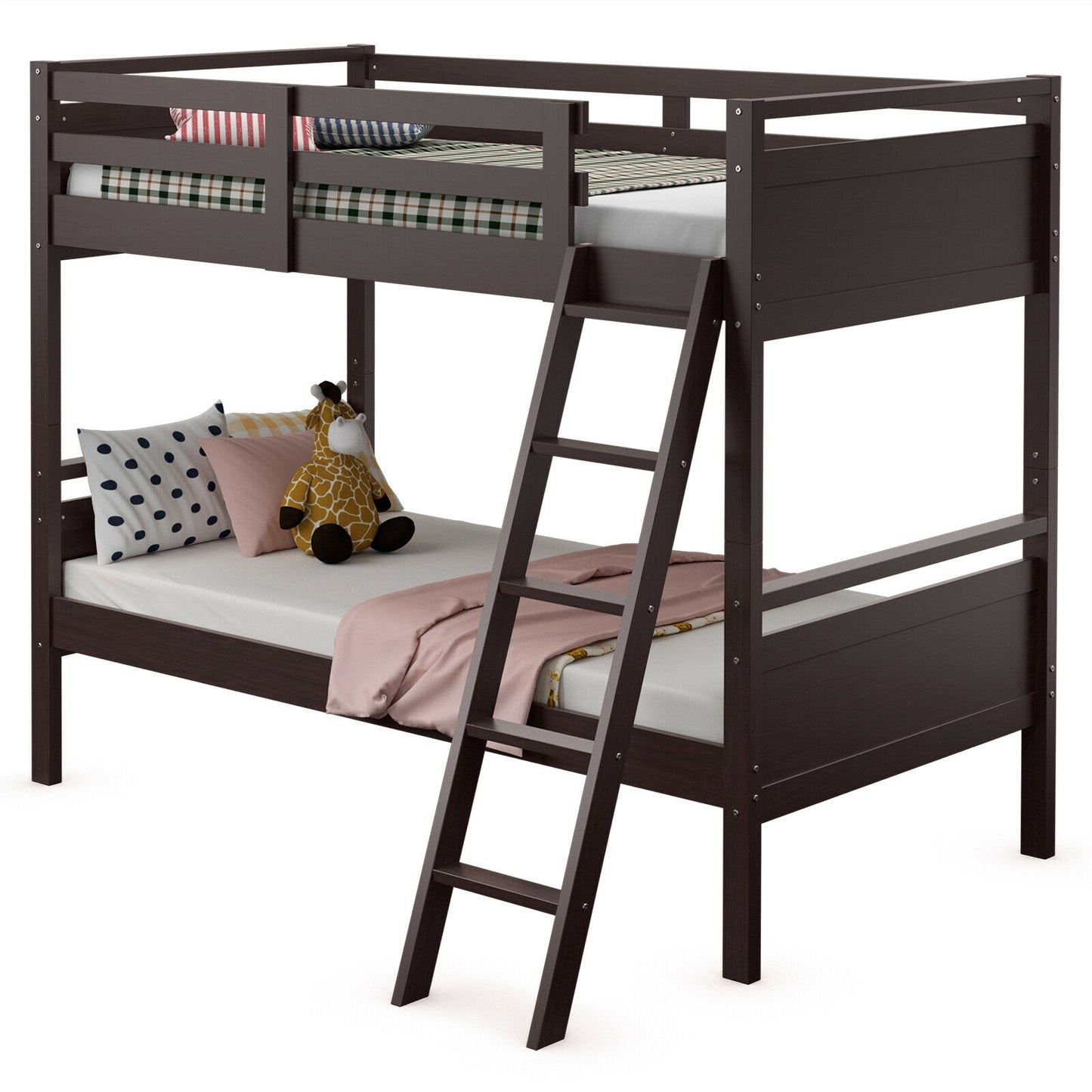 Twin Over Twin Bunk Bed Convertible 2 Individual Beds Wooden -Espresso Kids Crystal
