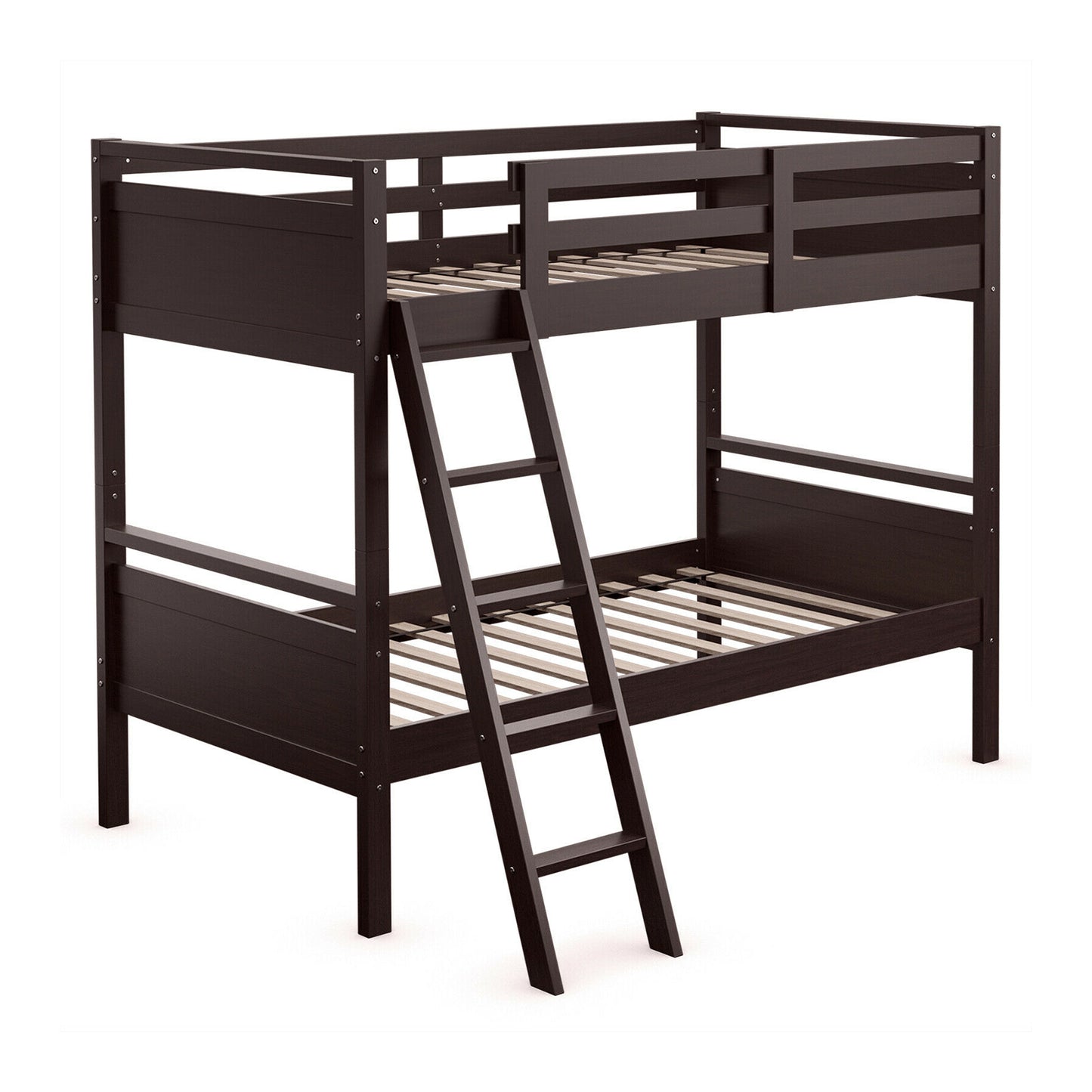 Twin Over Twin Bunk Bed Convertible 2 Individual Beds Wooden -Espresso Kids Crystal