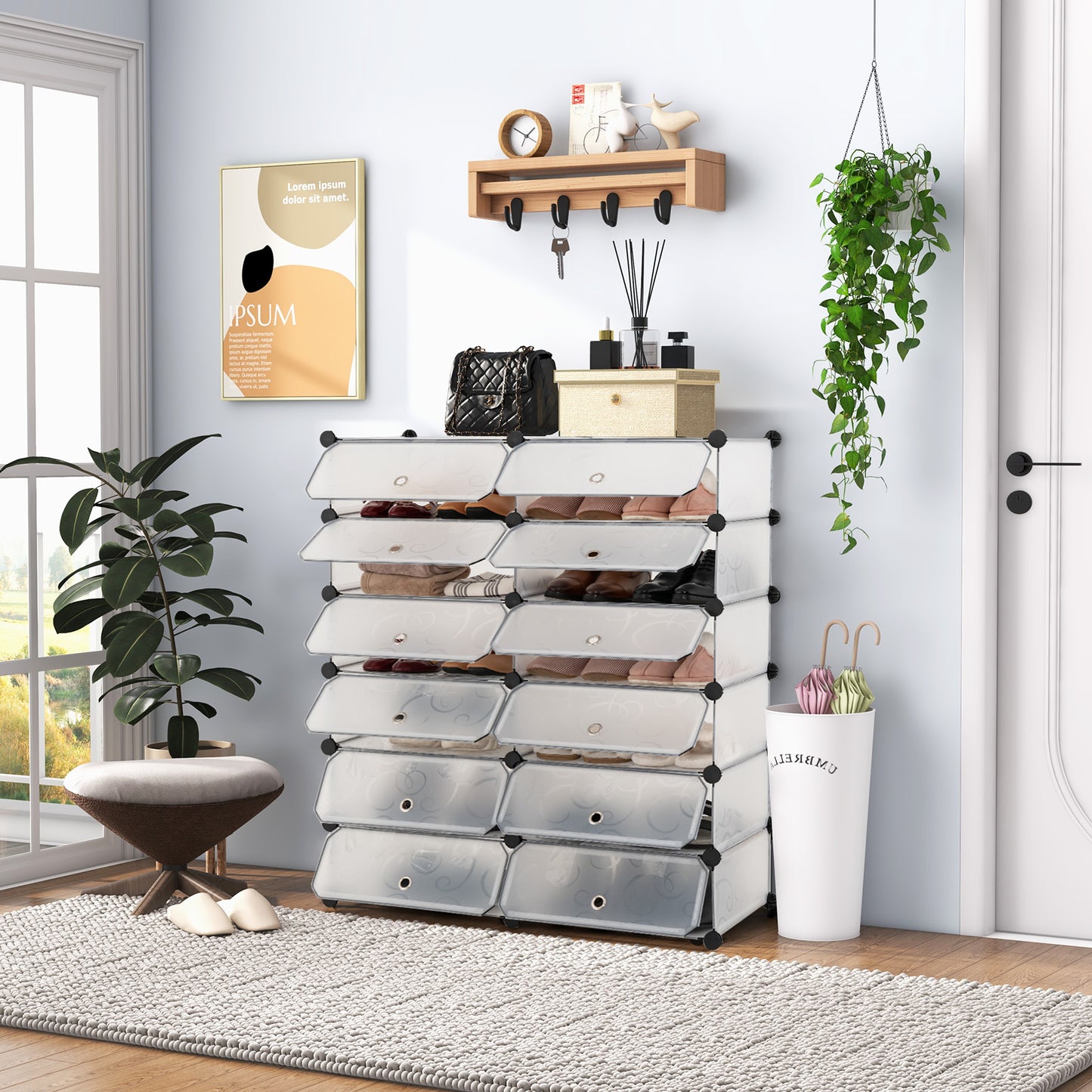 12-Cube DIY Portable Plastic Shoe Rack with Transparent Doors-White Kids Crystal