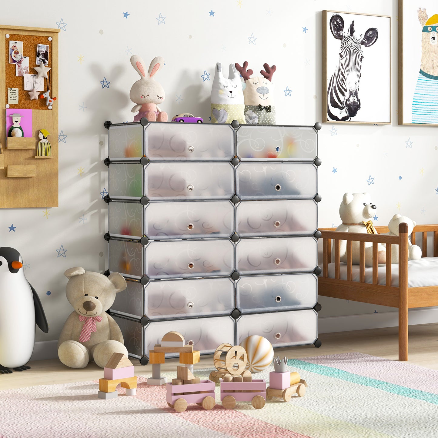12-Cube DIY Portable Plastic Shoe Rack with Transparent Doors-White Kids Crystal