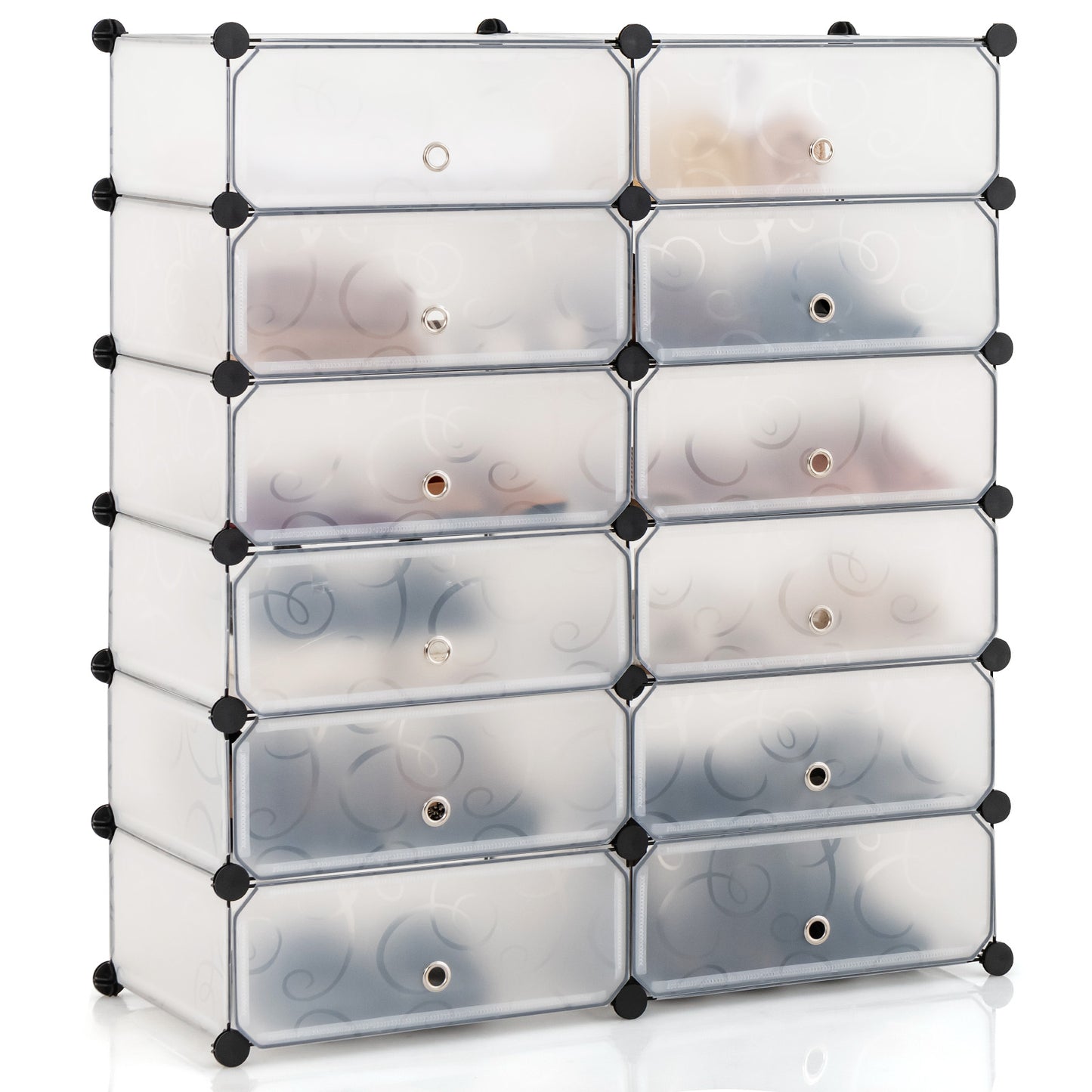 12-Cube DIY Portable Plastic Shoe Rack with Transparent Doors-White Kids Crystal